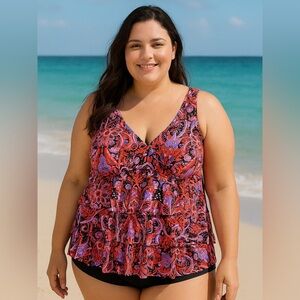 MAZU SWIM Floral Paisley Tankini Size 20W Layered Ruffles‎ Mesh Swim Beach Vacay